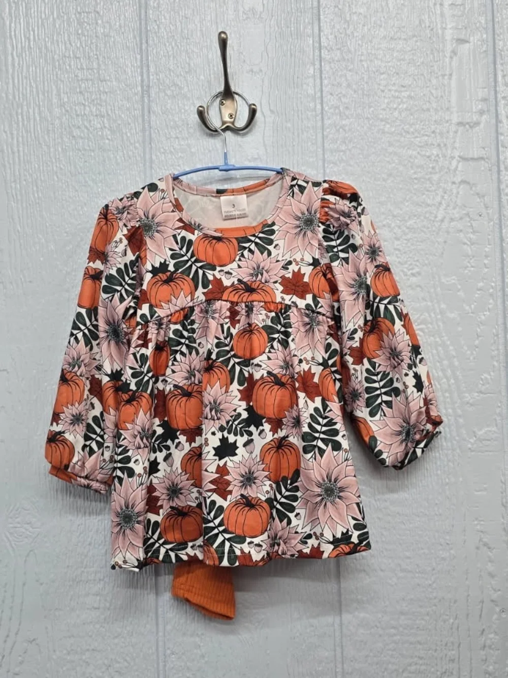 New Size 3 Girls' Orange Pumpkin Floral Long-Sleeve Top
